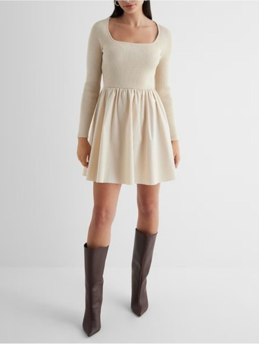 EXPRESS | Elegant Cream Long-Sleeve Fit & Flare Dress